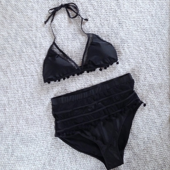 Sexy Boho High Waist Pom Mesh Triangle Bikini - Picture 3 of 4